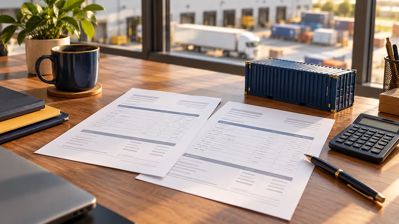 Freight quotation documents and a calculator on a logistics desk