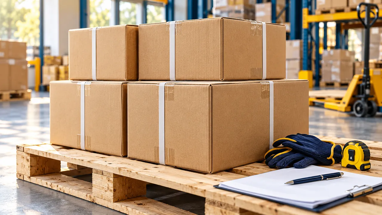Packed export cartons on a wooden pallet with measuring tools