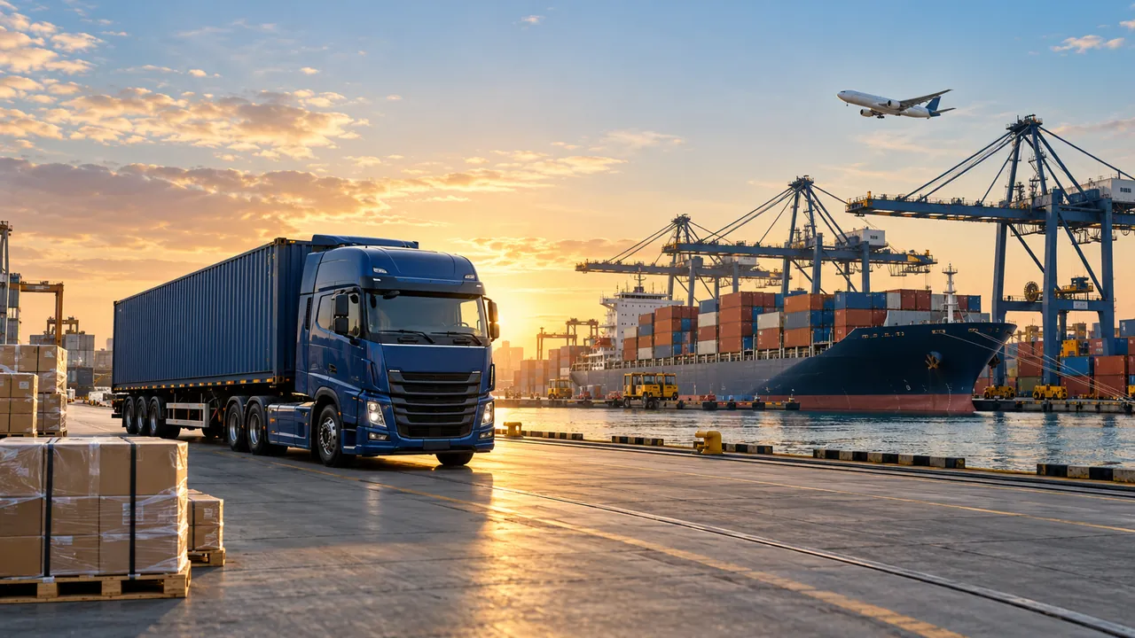 A truck, freight containers and a cargo aircraft at an international terminal